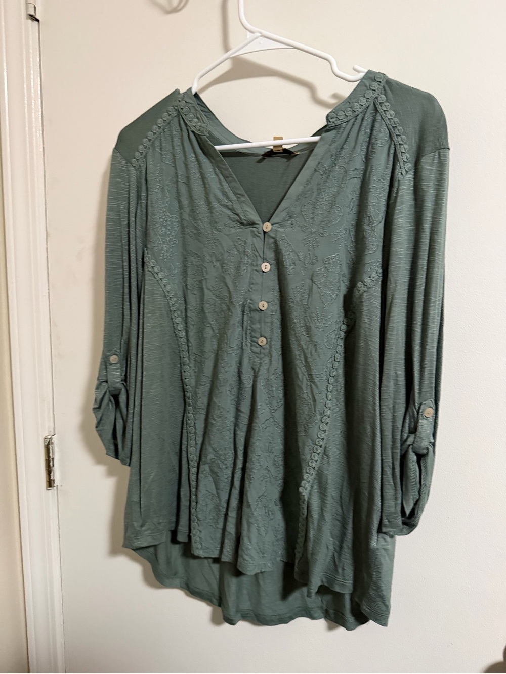 Democracy Sage Green Lace-Trim Button Henley Tunic